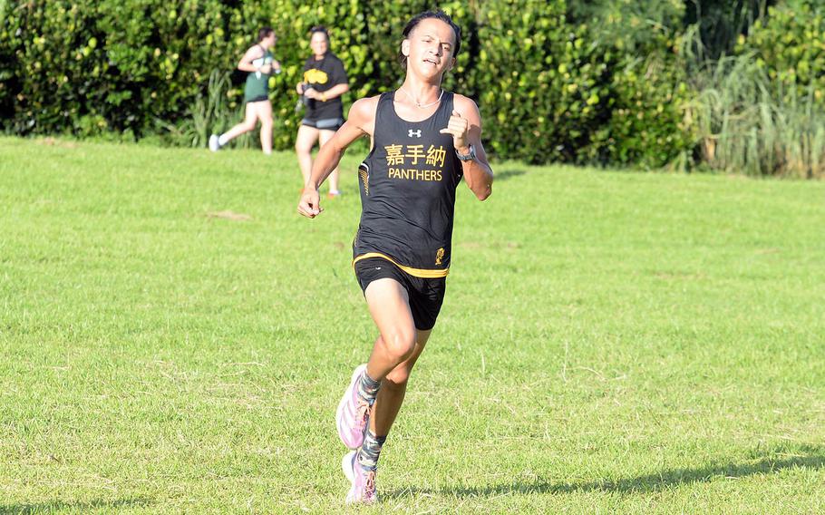 Kadena senior Sebastian Praske heads for the finish line and the Okinawa district boys cross country title.