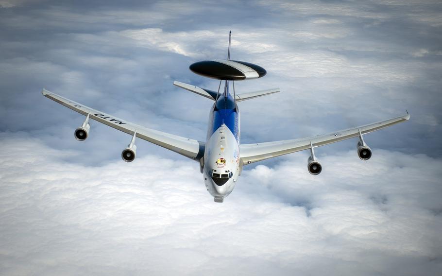 A NATO AWACS aircraft flies over Europe, May 17, 2023. NATO has sent the AWACS and other aircraft, along with minehunter vessels, to the Baltic Sea in response to recently discovered damage to undersea infrastructure, the alliance said.