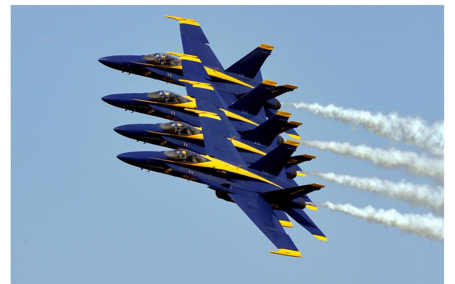 The U.S. Navy Flight Demonstration Squadron, the Blue Angels, perform during the Marine Corps Air Station Beaufort Air Show, on April 28, 2019. 