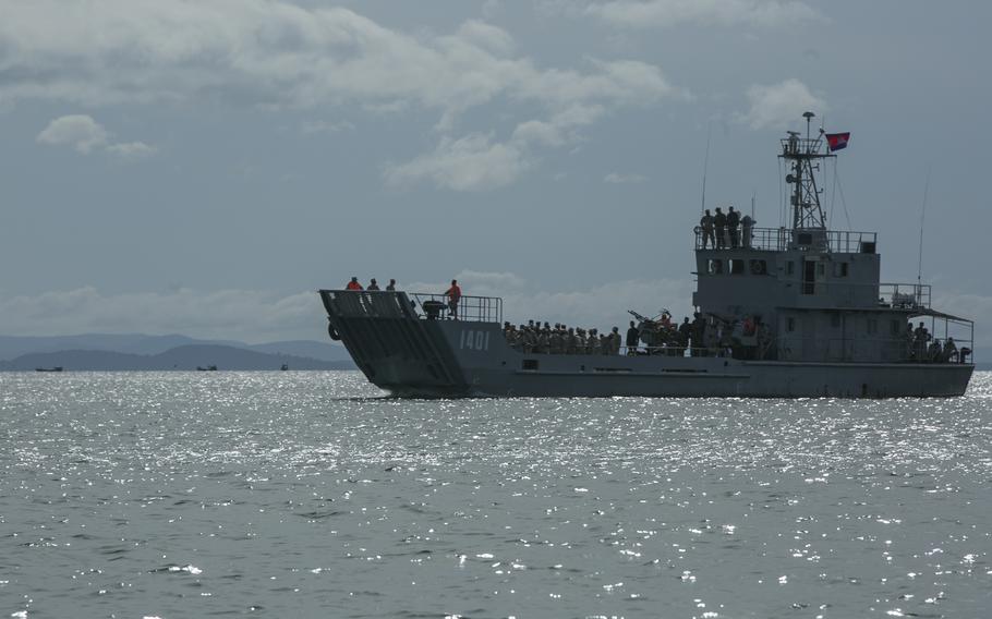 A Landing Craft Utility (LCU) carrying U.S. Marines and Royal Cambodian Navy Sailors sails toward a beach near Ream Naval Base, Sihanoukville, Cambodia, Nov. 3, 2016. Cambodia once again dismissed concerns China is secretly building a naval facility on the northern portion of the base.