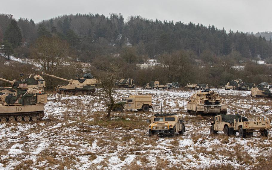 The Combined Resolve XVI training exercise is held at the U.S. Army’s Joint Multinational Readiness Center in Hohenfels, Germany, on Dec. 7, 2021. It included soldiers from Ukraine and several other countries.