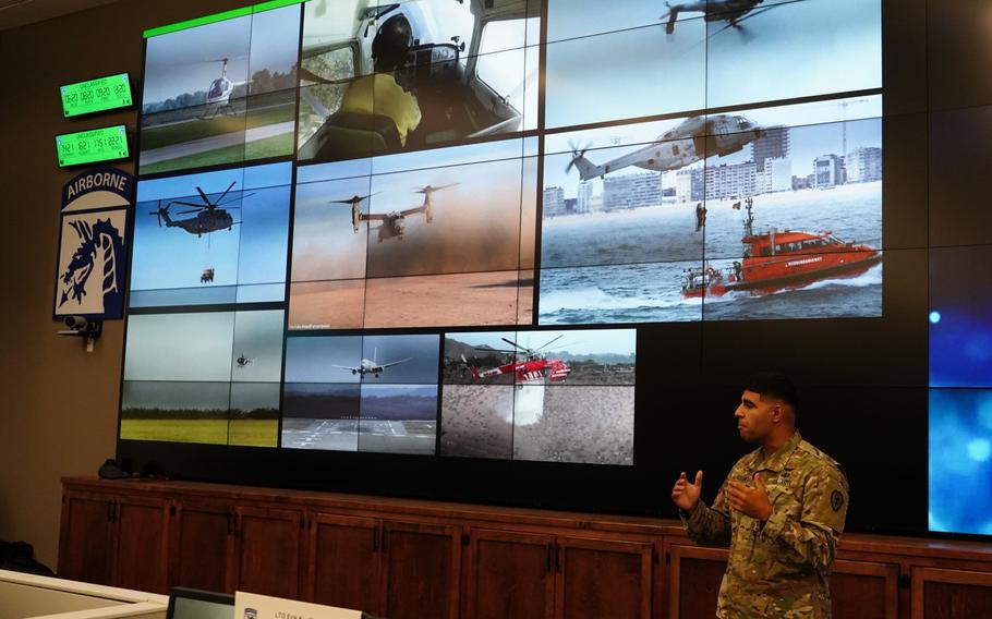 Army 1st Lt. Mahdi Al-Husseini, who is assigned to the 25th Combat Aviation Brigade, pitches his presentation on AI pilot performance feedback. Al-Husseini is one of seven soldiers who is taking part in Dragon’s Lair 5. The program was established in October 2020 to help increase innovation across the XVIII Airborne Corps.