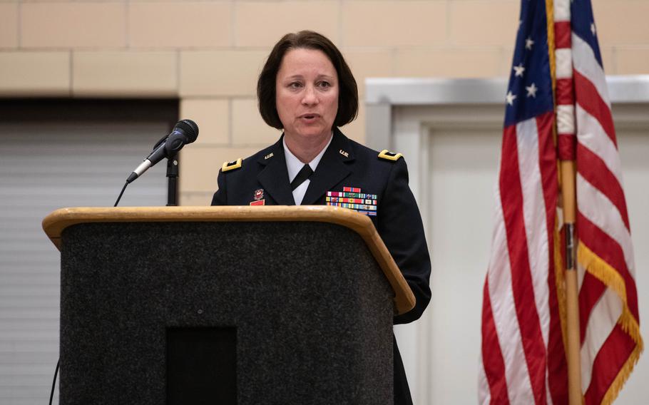 Maj. Gen. Johanna Clyborne, shown here during her promotion to major general in St. Paul, Minn., Sept. 7, 2019, personally asked for information from social media users after a Marine was accused of sexually harassing several women online.