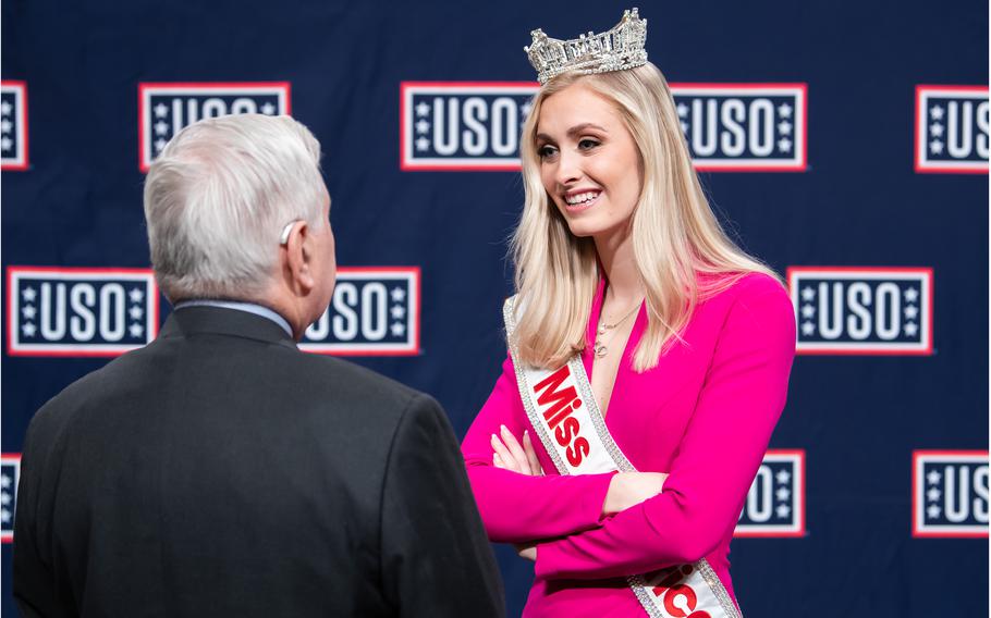Miss America Madison Marsh, also a second lieutenant in the Air Force, speaks with Sen. Jack Reed, D-RI, the chairman of the Senate Armed Services Committee during a presentation at the House Cannon office building in Washington, D.C., on Tuesday, Feb. 6, 2024.