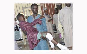 A victim of an army drone attack receives treatment at a hospital in Kaduna Nigeria, on Dec. 5, 2023. 