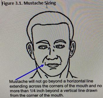 A screenshot from social media shows a draft Air Force graphic illustrating the widest allowable width for mustaches for male airmen. The proposal would increase permissible mustache width by a half-inch total.