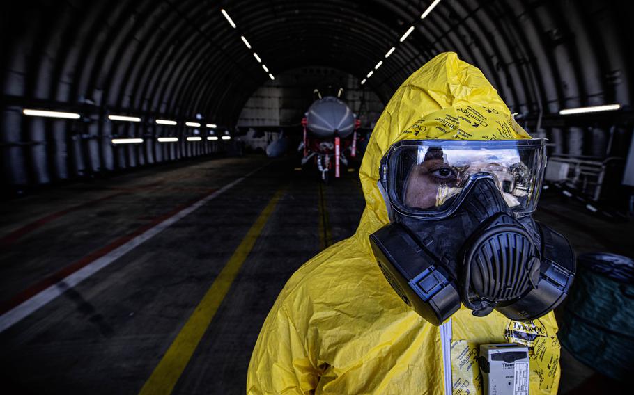 Tech. Sgt. Kayla Bradford waits for a radiological assessment on an F-16 Fighting Falcon during exercise Radiant Falcon on April 24, 2024, at Spangdahlem Air Base, Germany. The Kremlin announced Monday that it will conduct nuclear weapons drills, but Pentagon officials dismissed the idea of an elevated threat. 