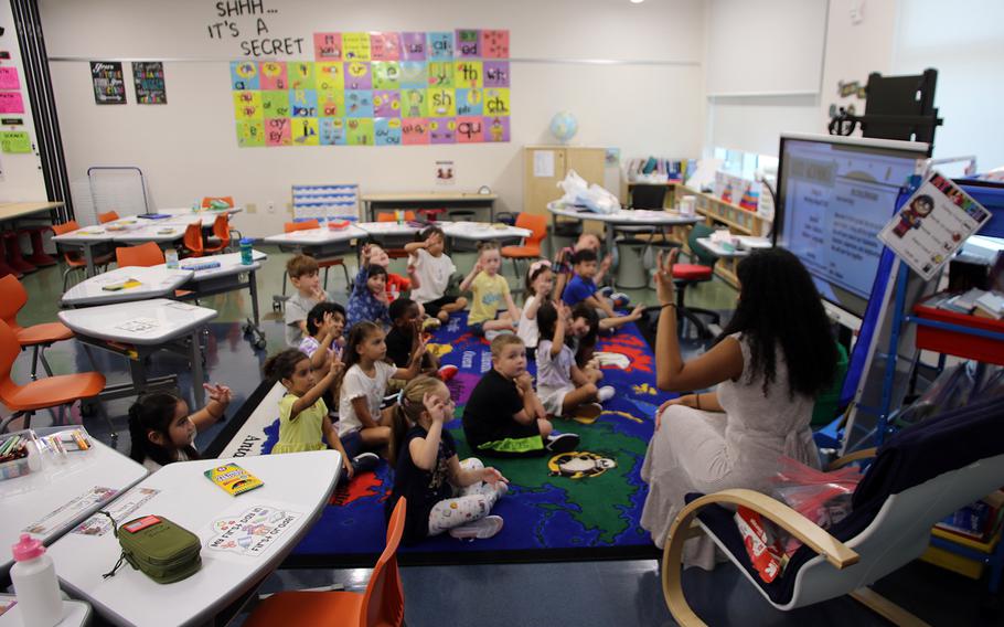 Instruction begins in Raechel Nelson's first-grade classroom at Bob Hope Elementary School on the first day of classes at Kadena Air Base, Okinawa, Monday, Aug. 21, 2023.