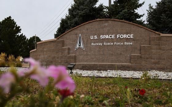 The Buckley Space Force Base sign is photographed July 7, 2021. Buckley SFB hosts six major base partners including Space Delta 4, 140th Wing, Colorado Air National Guard, the Navy Operational Support Center, the Aerospace Data Facility-Colorado, the Army Aviation Support Facility and the Air Reserve Personnel Center. 