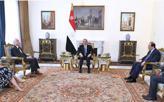 Egyptian President Abdel Fattah El-Sisi, center, meets with U.S. CIA Director William Burns, second from left, in Cairo on April 7, 2024.