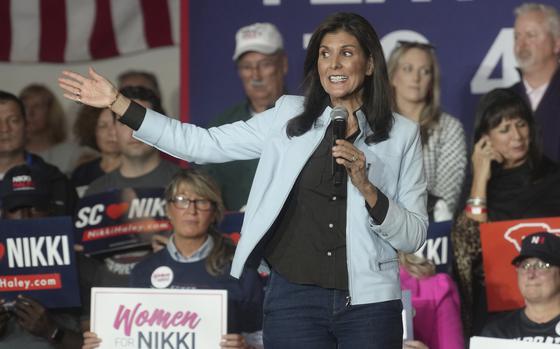 GOP presidential hopeful Nikki Haley speaks during a campaign event on Monday, Nov. 27, 2023, in Bluffton, S.C. Haley is among a cluster of Republican candidates competing for second place in a GOP Republican primary thus far largely dominated by former President Donald Trump. (AP Photo/Meg Kinnard)