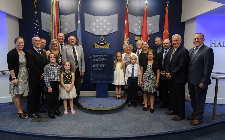 Descendants of U.S. Army Pvt. Philip G. Shadrach pose for a photo prior to the Hall of Heroes Induction Ceremony at the Pentagon in Arlington, Va., July 4, 2024. Shadrach and Pvt. George D. Wilson were posthumously awarded the Medal of Honor on July 3, 2024, at the White House for their acts of valor during the April 1862 “Great Locomotive Chase” in the Civil War.