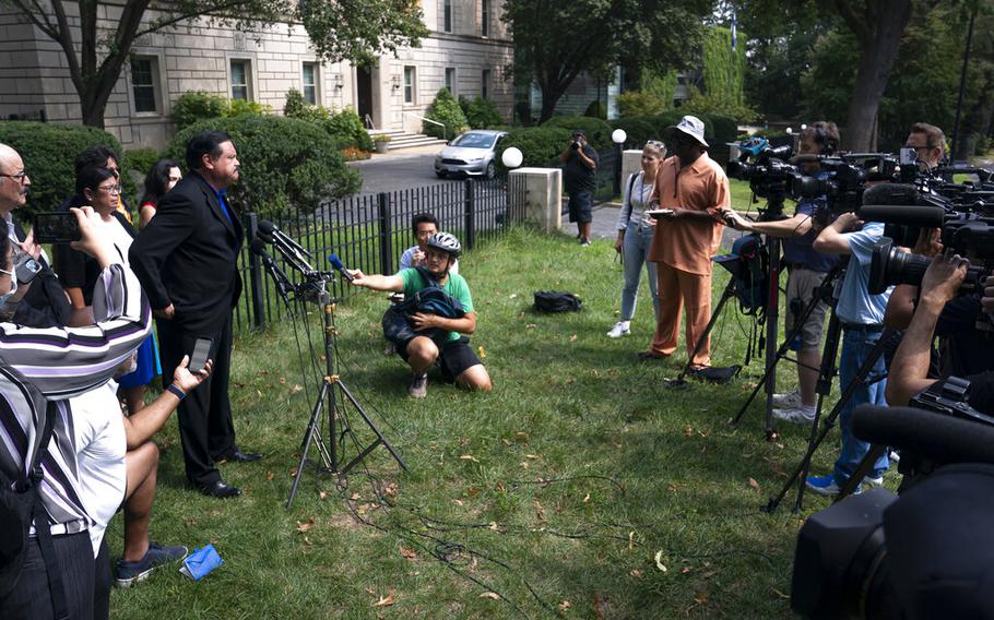 Domingo Garcia, the national president of the League of United Latin American Citizens, speaks about migrants who were transported by bus from the U.S.-Mexico border and dropped off near Vice President Kamala Harris’ home in residential Washington, Thursday, Sept. 15, 2022.