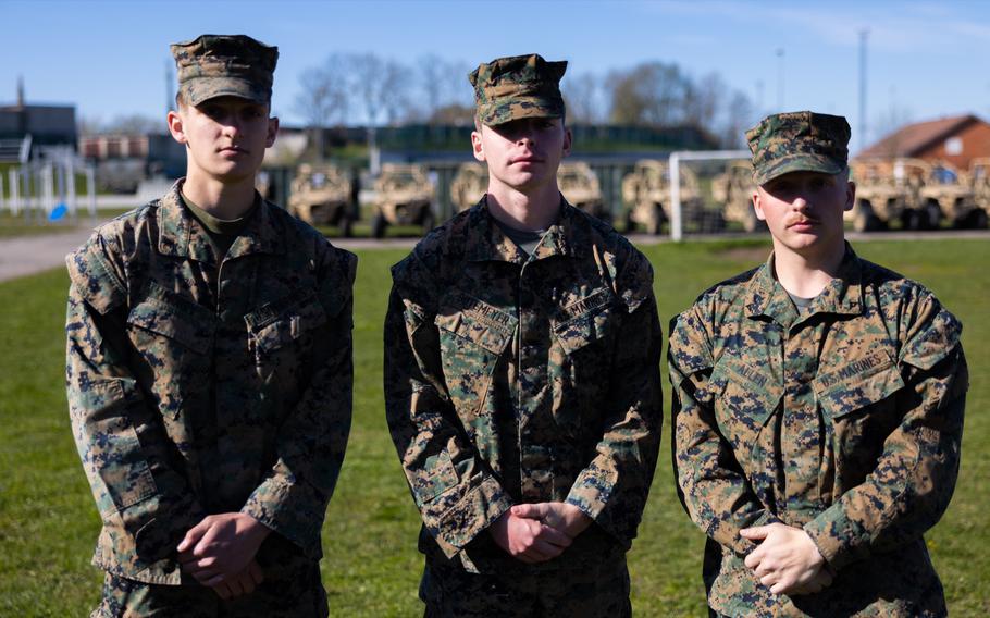 From left, Lance Cpl. Aiden Morey, Lance Cpl. Christopher Butemeyer and Lance Cpl. Colton Allen in Tallinn, Estonia, on May 8, 2023. The three Marines saved a man’s life in Tallinn when they found him unconscious and not breathing in a restaurant on May 7. 