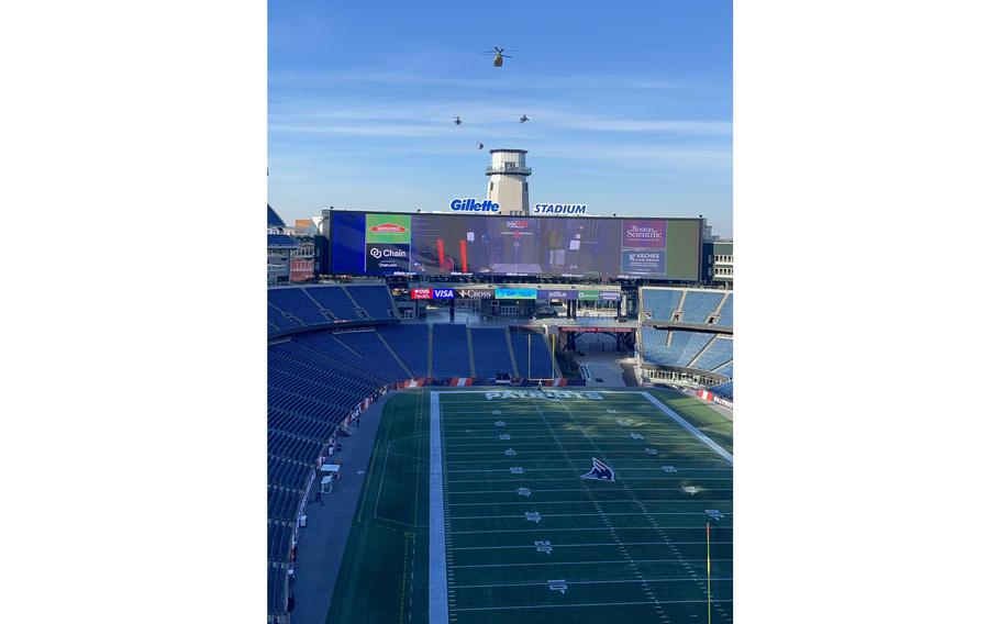 Some 10th Mountain Division soldiers had the opportunity to take part in the flyover minutes before the Washington Commanders took on the New England Patriots on Sunday, Nov. 5, 2023, at Gillette Stadium in Foxborough, Mass.