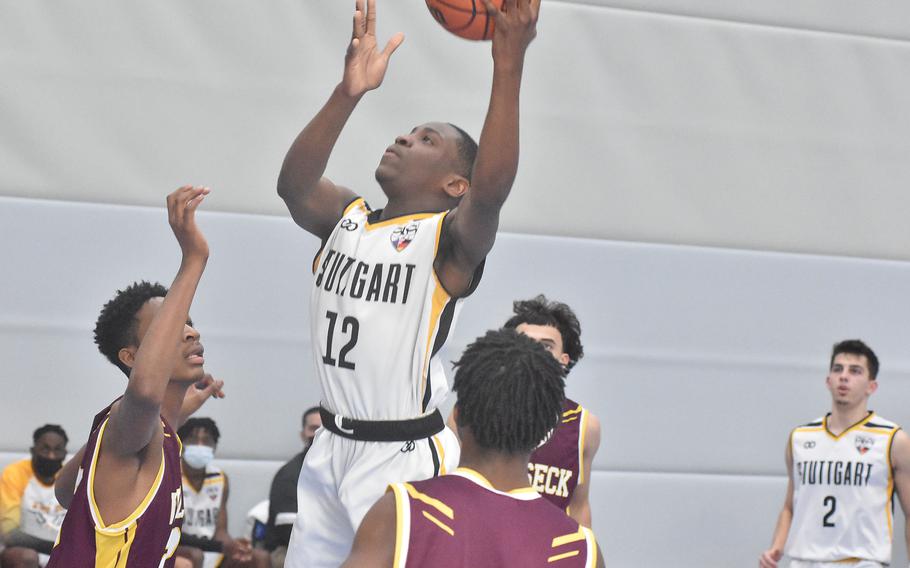 Stuttgart's Jaures Segning goes up for a shot in the Panthers' loss to Vilseck on Thursday, Feb. 22, 2022 at the DODEA-Europe Division I basketball championships.