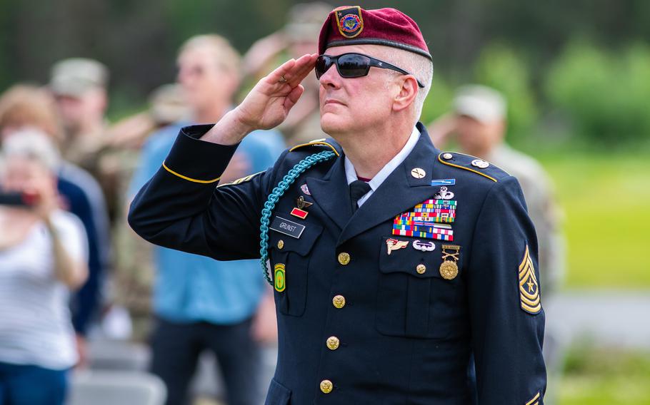 Command Sgt. Maj. Michael Grunst salutes during his retirement ceremony July 21, 2023, at Camp Carroll on Joint Base Elmendorf-Richardson in Alaska. 
