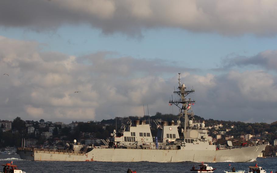 The USS Porter travels through the Bosporus in Turkey, Oct. 30, 2021. The destroyer is on a routine patrol in the Black Sea after finishing participation in NATO exercises in the Aegean Sea, Navy officials said.