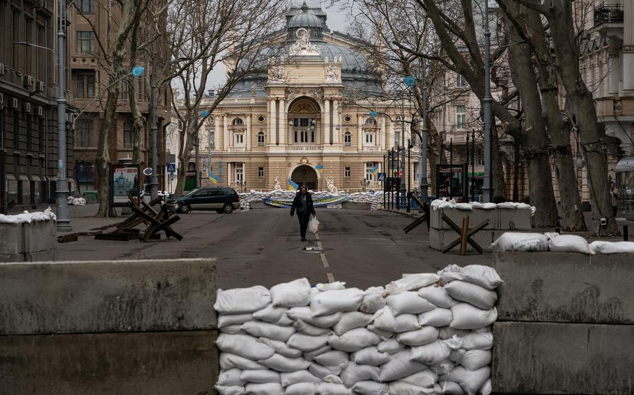 A road leading up to the Odesa National Academic Theater of Opera and Ballet in Odessa, Ukraine, is fortified with sandbags and barricades.