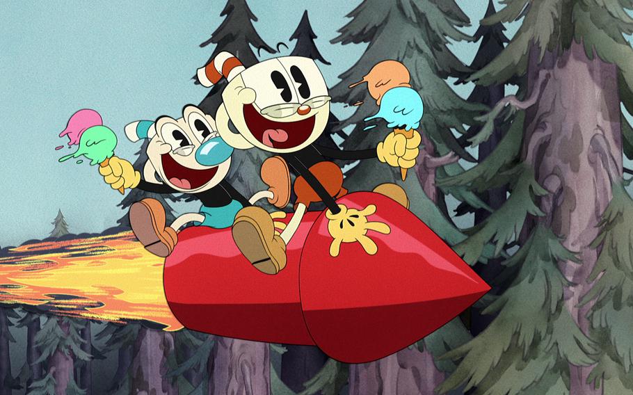 “The Cuphead Show!” voice talent includes, fro left, Frank Todaro as Mugman and Tru Valentino as Cuphead.