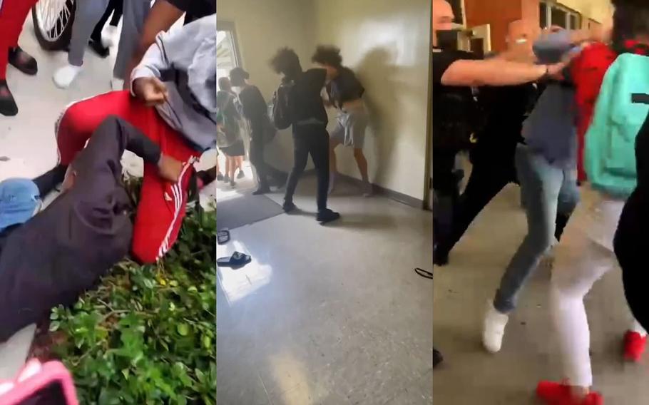 Seen are still images from videos of fights at Monarch High School in Coconut Creek, Florida. 