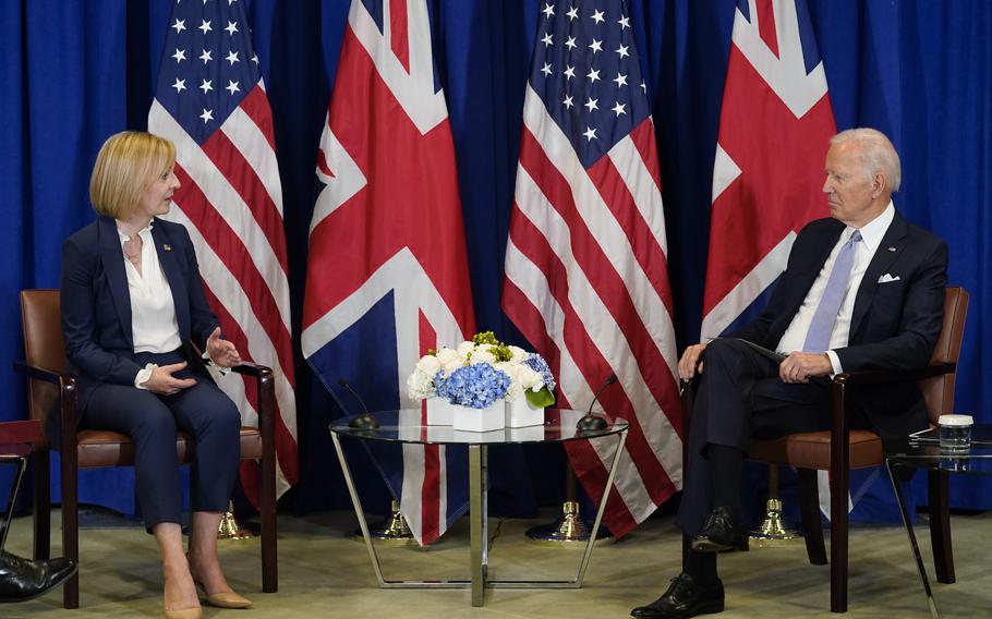 President Joe Biden meets with British Prime Minister Liz Truss during the 77th session of the United Nations General Assembly on Wednesday, Sept. 21, 2022, at the U.N. headquarters.