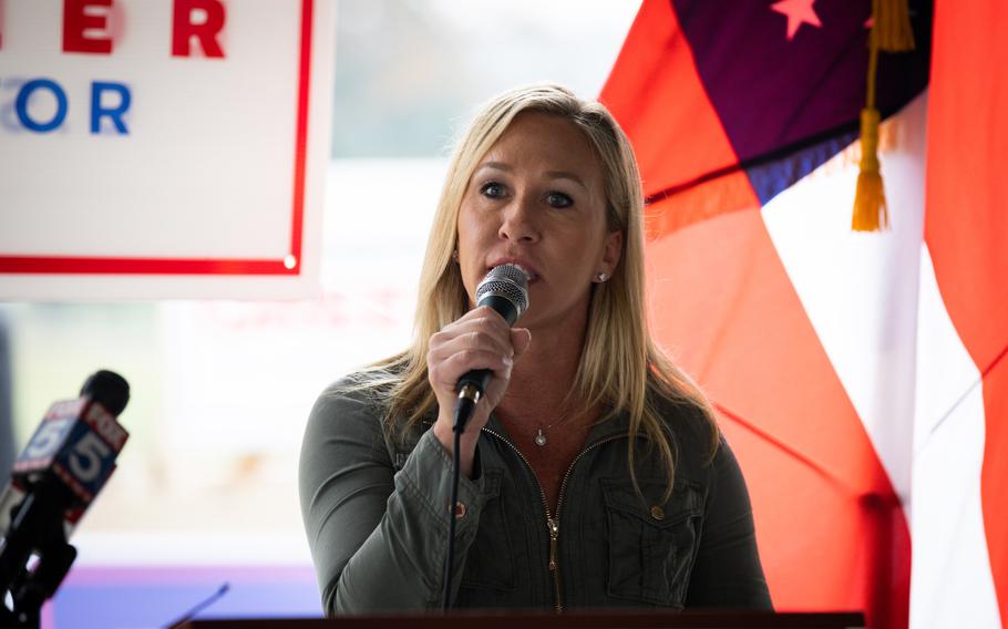 Georgia Republican House candidate Marjorie Taylor Greene during a press conference on Oct. 15, 2020, in Dallas, Georgia. 