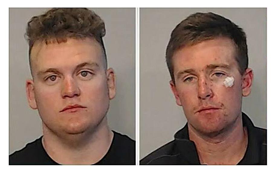 A video screen grab shows Florida police deputies Connor Scott Curry, left, and Trevor Dawson Pike. The two off-duty officers were arrested after getting in a brawl with three sailors in Key West, Fl., early Saturday morning. 
