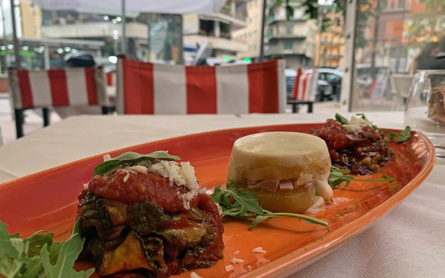 The Trio of Parmigiana appetizer at Johnny Take Ue includes three samples: traditional eggplant, potato and bechamel and zucchini and tomato. 