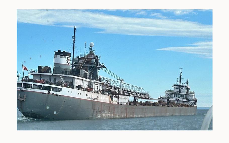 The 689-foot bulk carrier Michipicoten safely anchored in Thunder Bay, Ontario, after encountering trouble in Lake Superior on June 8, 2024. 