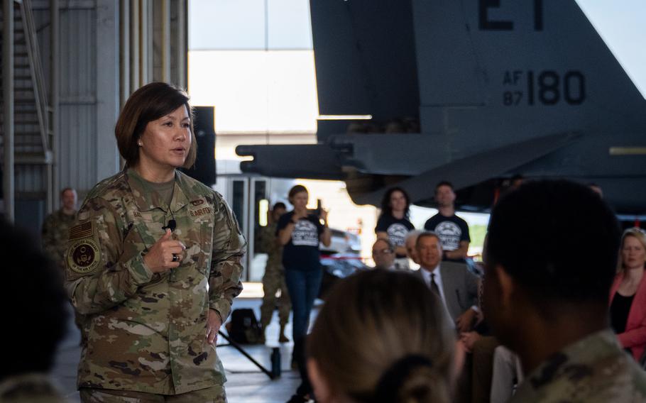 Chief Master Sgt. of the Air Force JoAnne Bass speaks to airmen at Eglin Air Force Base, Fla., on May 22, 2023. Late last year, Bass announced a new program that allows airmen to swap assignments online as long as requirements meet the needs of the Air Force.