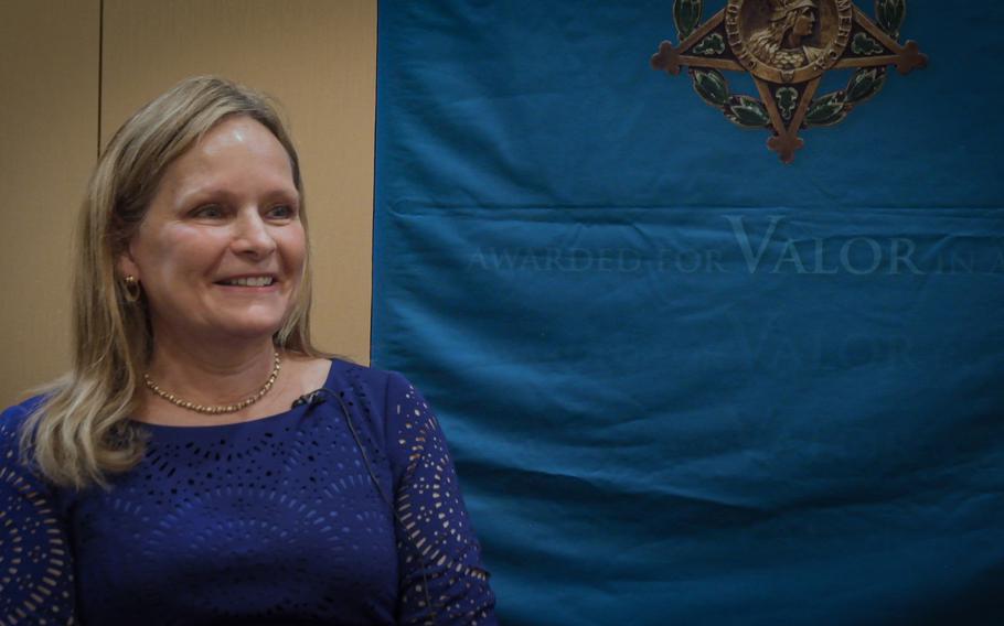 Martha Puckett Wilcoxon, the daughter of Col. Ralph Puckett, pictured in Arlington, Va., on Thursday, May 20, 2021. Col. Puckett is set to receive the Medal of Honor during a ceremony May 21. Wilcoxon, as well as Col. Puckett’s wife, son and six grandchildren, will accompany him. (Ken Yon-Hardy/Stars and Stripes)