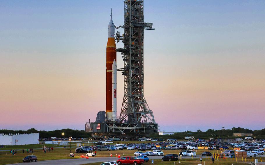 At Kennedy Space Center, Fla., NASA’s moon rocket for the Artemis 1 mission rolls to the launch pad, on March 17, 2022. 