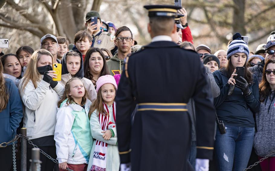 Tomb guards from the 3d Infantry Regiment (The Old Guard) place wreaths at the gravesites of the Unknown Soldiers at the Tomb of the Unknown at Arlington National Cemetery, Arlington, Va., Dec. 16, 2023. 