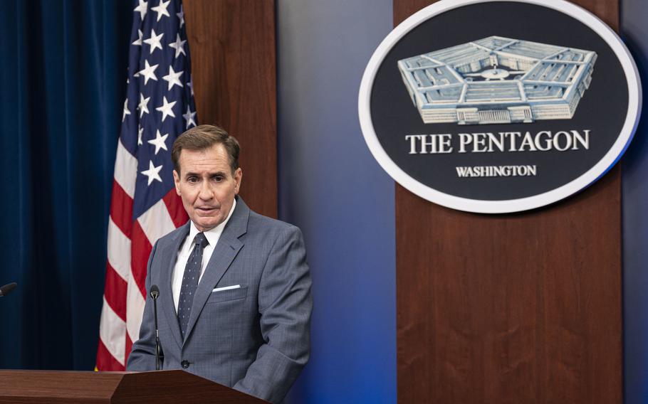 Pentagon Press Secretary John Kirby holds a news briefing at the Pentagon on Aug. 17, 2021. 