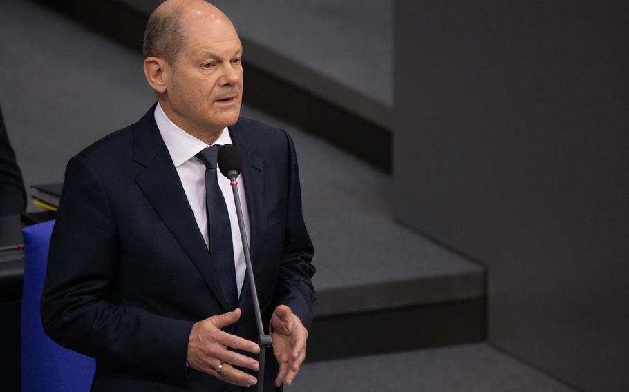 Olaf Scholz, Germany’s chancellor, speaks at the Bundestag in Berlin, Germany, on April 6, 2022. 