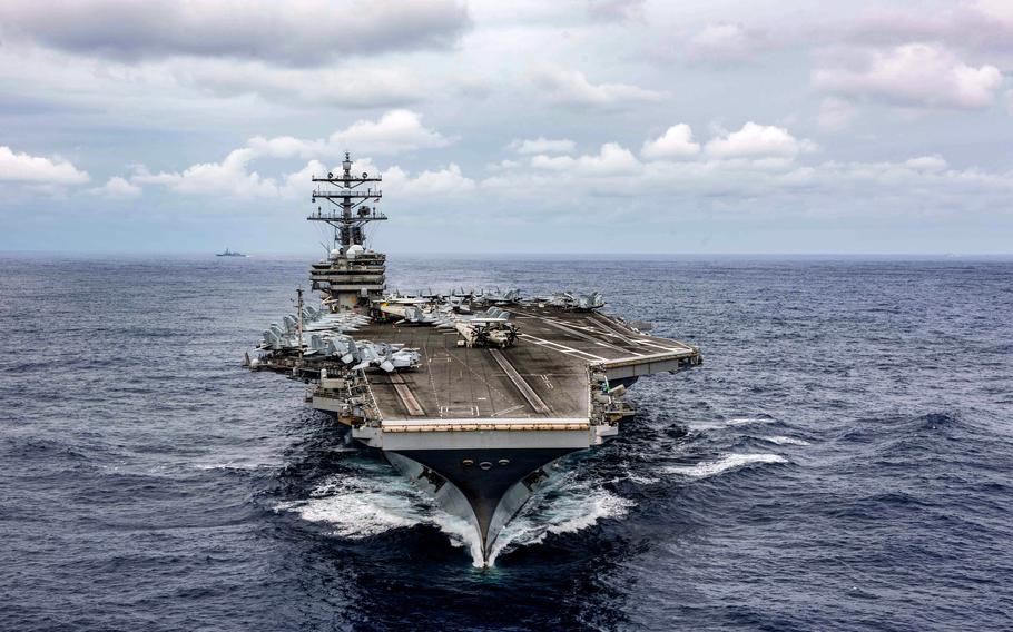 The aircraft carrier USS Ronald Reagan sails in the Philippine Sea, Oct. 4, 2023.