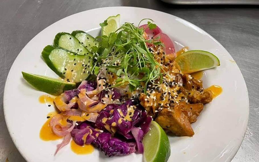 A jackfruit bulgogi bowl with fresh-cut vegetables and a Korean-inspired sauce. People for the Ethical Treatment of Animals lauded the dining hall at U.S. Coast Guard Training Center Yorktown, Va., for their vegan meals.