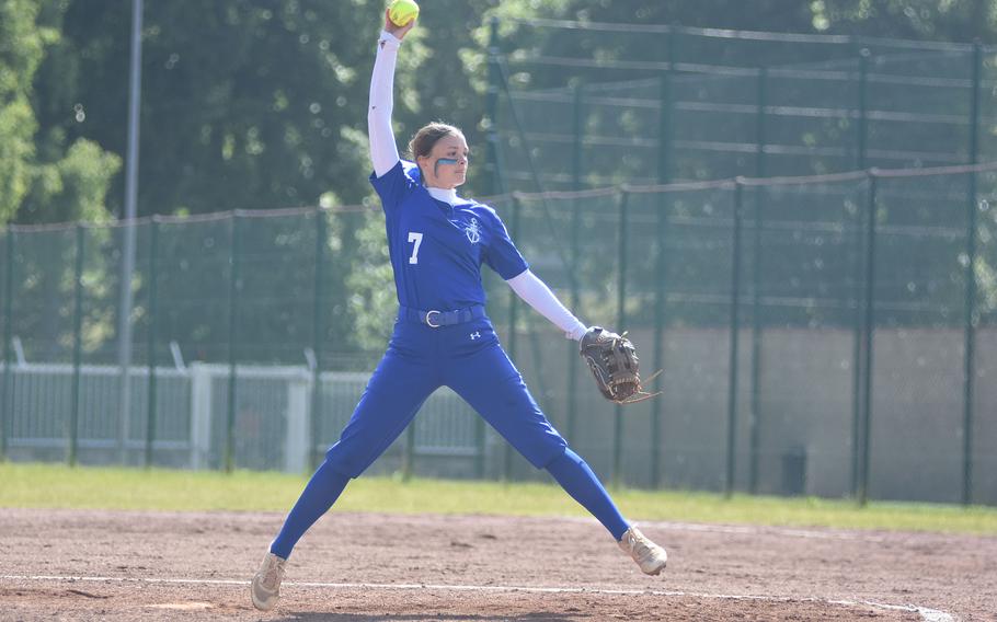 Rota's Addison Kryger winds up to pitch Thursday, May 22, 2025, at the DODEA-Europe Division II/III softball championships at Ramstein Air Base, Germany.