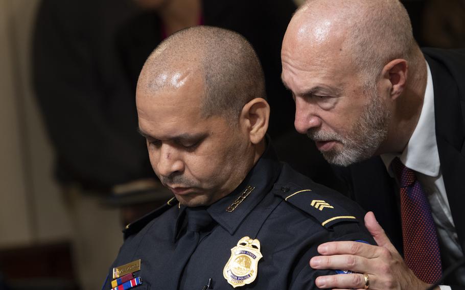 U.S. Capitol Police Sgt. Aquilino Gonell, pauses after making his opening statement before the House select committee hearing on the Jan. 6 attack on Capitol Hill in Washington, Tuesday, July 27, 2021.