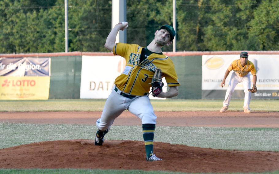 Mainz's Tim Stahlmann pitches during the Athletics' 4-3 win over Guggenberger Legionaere Regensburg on June 16, 2023, in Mainz, Germany. Stahlmann went eight innings, allowing just one run on three hits and striking out eight.