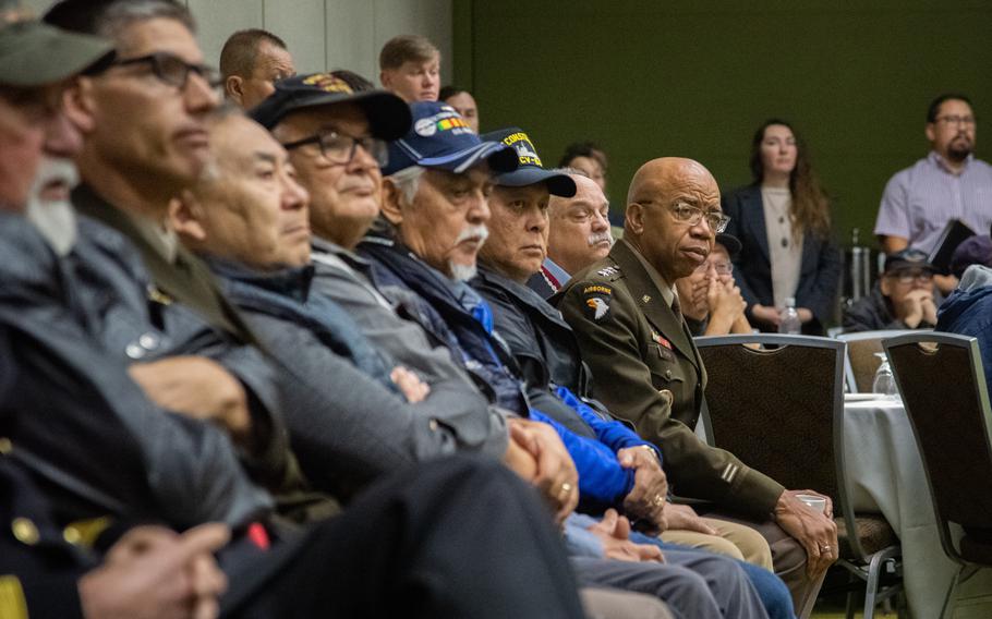Army Lt. Gen. A. C. Roper, deputy commander of U.S. Northern Command, listens to Alaska Native veterans sharing their stories at a meeting with general officers and military veterans during the Alaska Federation of Natives Annual Convention in Anchorage, Alaska, on Oct. 21, 2023.