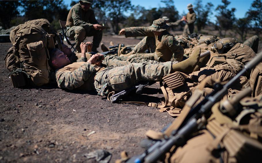 Marines take a break from their conflict training. 