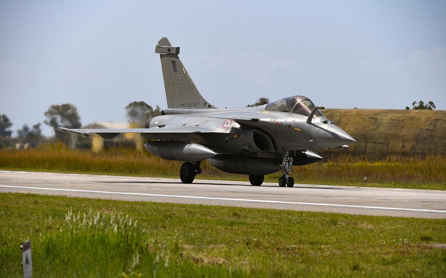 A French Air Force Rafale fighter jet taxis at Andravida Air Base, Greece, April 7, 2021. 