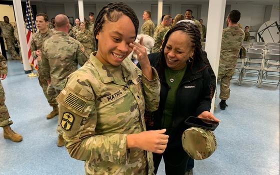 Spc. Jayla Mathis shares a laugh with her mom, Jaymie Mathis, during a welcome home ceremony for the 54th Quartermaster Company April 12, 2024, at the Family Life Center on Fort Gregg-Adams, Va.