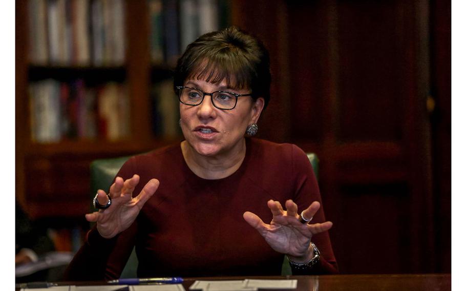 Then-U.S. Commerce Secretary Penny Pritzker talks with the Chicago Tribune Editorial Board in 2014. 
