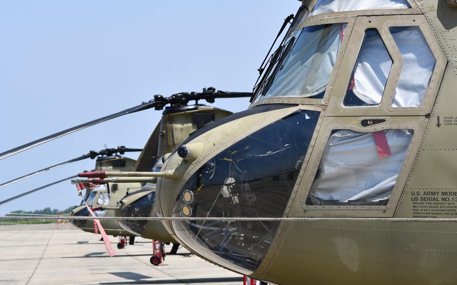 A line of CH-47 aircraft