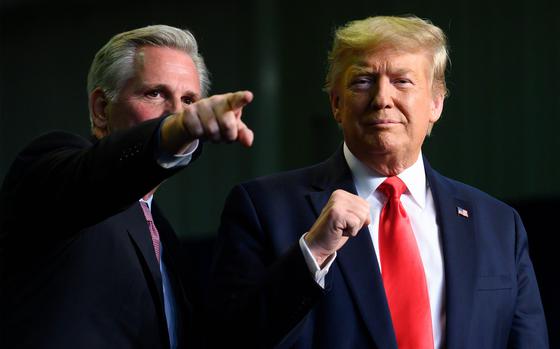 House Minority Leader Kevin McCarthy of Bakersfield with President Trump during a February 2020 event. (Jim Watson/AFP/Getty Images/TNS)