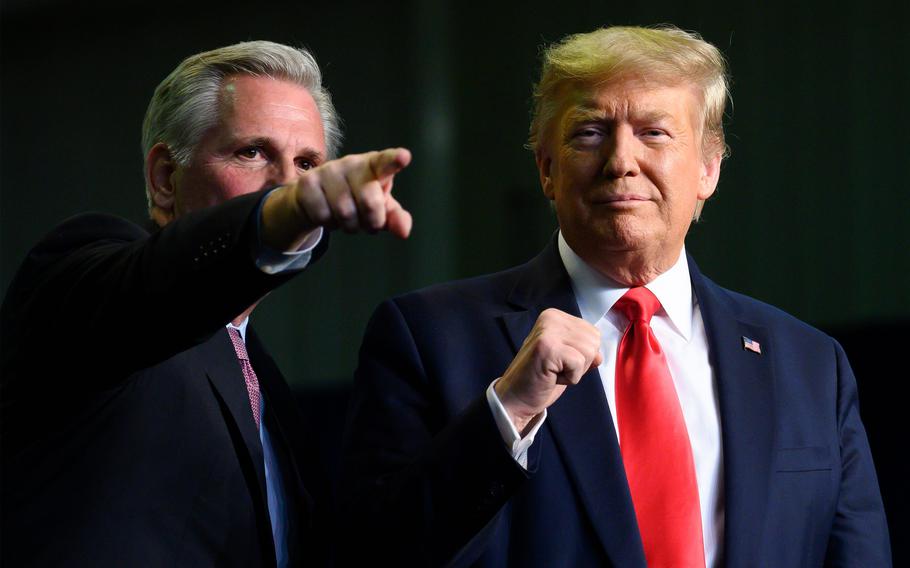 House Minority Leader Kevin McCarthy of Bakersfield with President Trump during a February 2020 event.