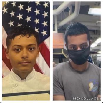 Two photos of Veloura, one with a flag in the background, and one wear he is wearing a medical mask.